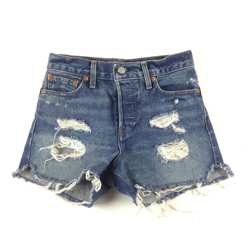 LEVI’S Wedgie Denim Distressed Shorts Button Fly Blue Sz 25